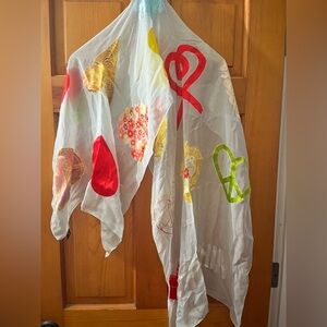 Boutique Moschino Ivory  100% Silk Square Scarf Italy Hearts Peace Logo Gold Red